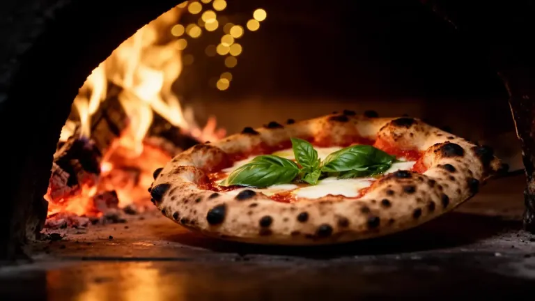 Artisanal woodfired sourdough pizza emerging from a stone oven